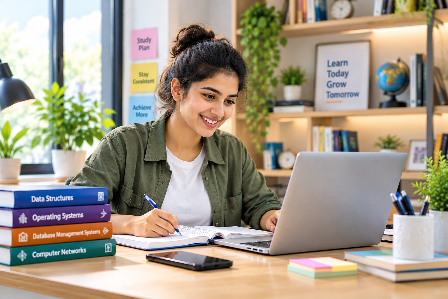 Young Indian woman smiling while studying on a laptop at a bright desk with books and plants