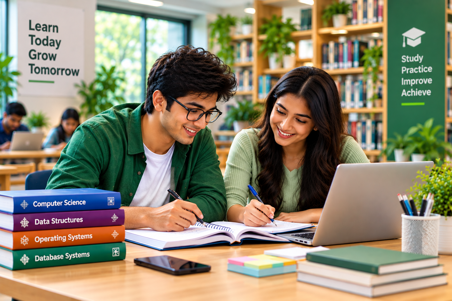 Three Indian university students collaborating at a table with laptops and notes in a modern study space