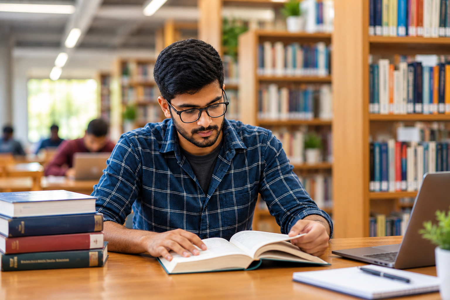 Young Indian male student reading in a university library with warm lighting and bookshelves