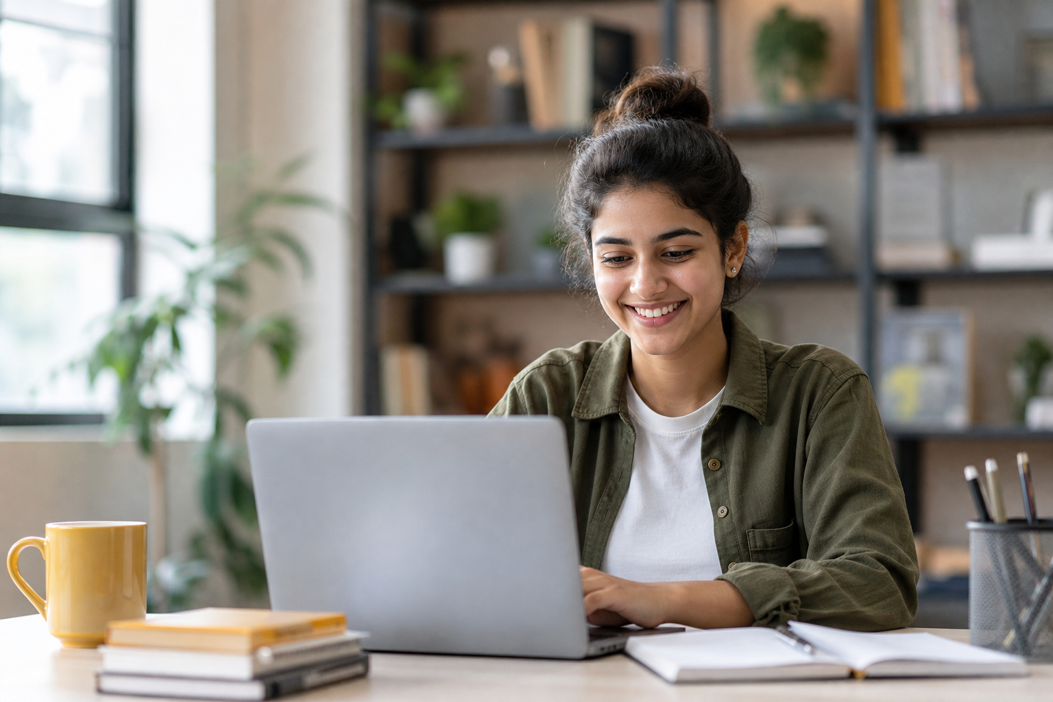 Young Indian woman smiling while studying on a laptop at a bright desk with books and plants