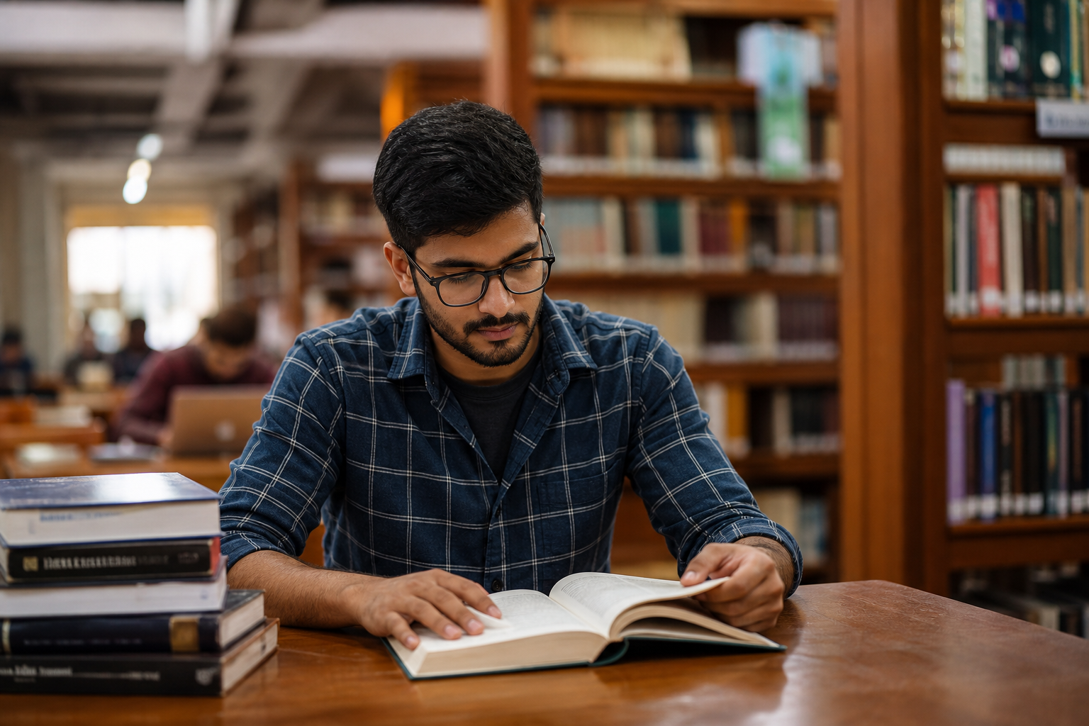 Young Indian male student reading in a university library with warm lighting and bookshelves