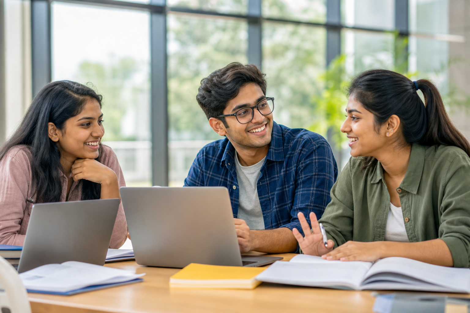 Three Indian university students collaborating at a table with laptops and notes in a modern study space